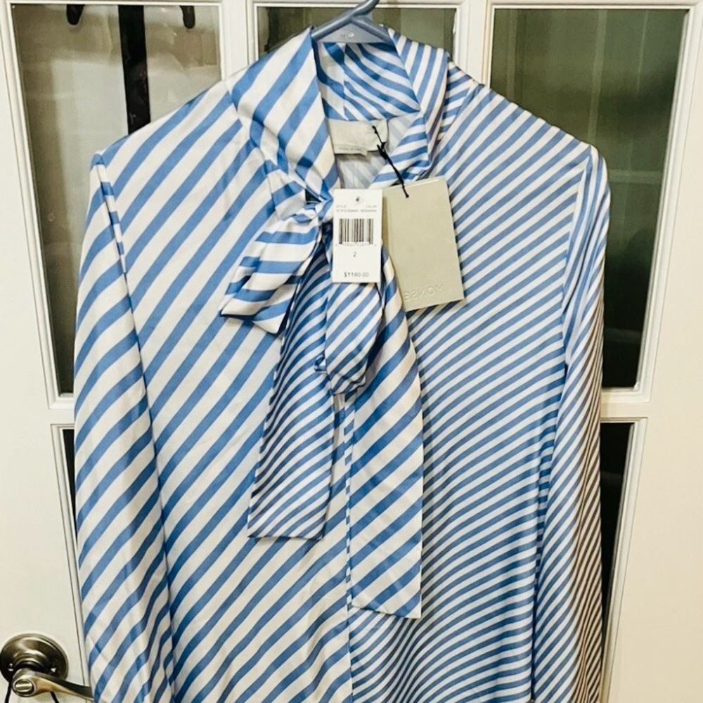 NWT MONSE 100% Silk Blue White Striped Bow Tie Midi Dress Size 2 - Picture 3 of 10